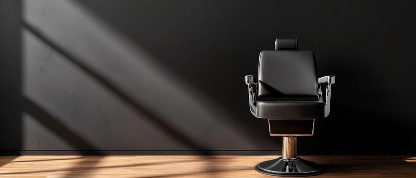 Luxurious leather barber chair with chrome details on a rustic wooden floor, surrounded by shadows, representing the art and tradition of barbering