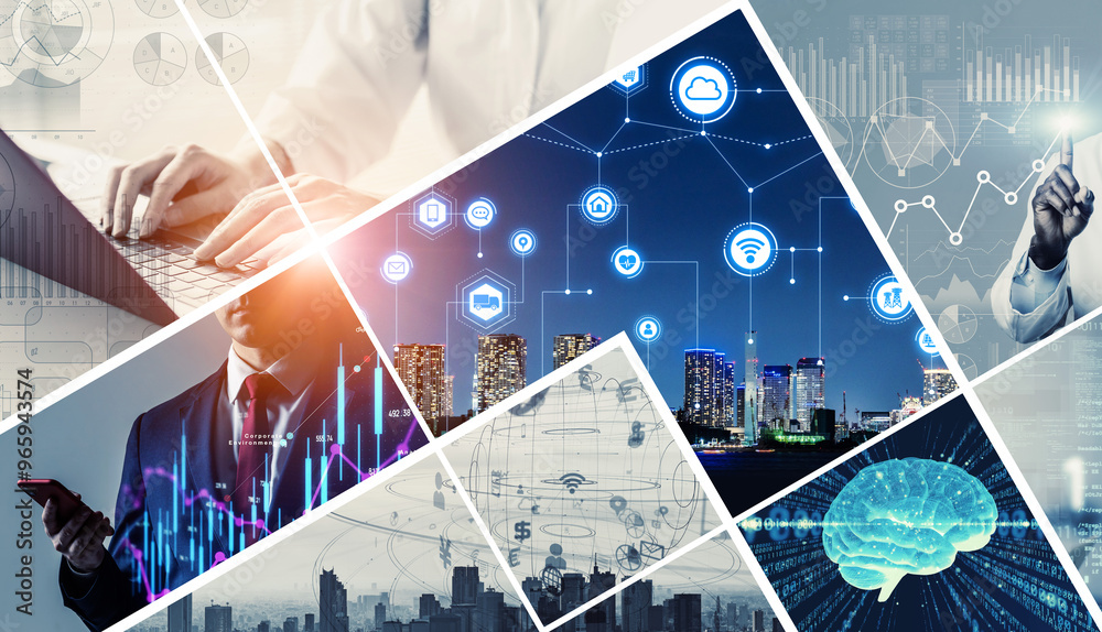 Poster collage of various business and technology concepts. wide angle visual for banners or advertisements