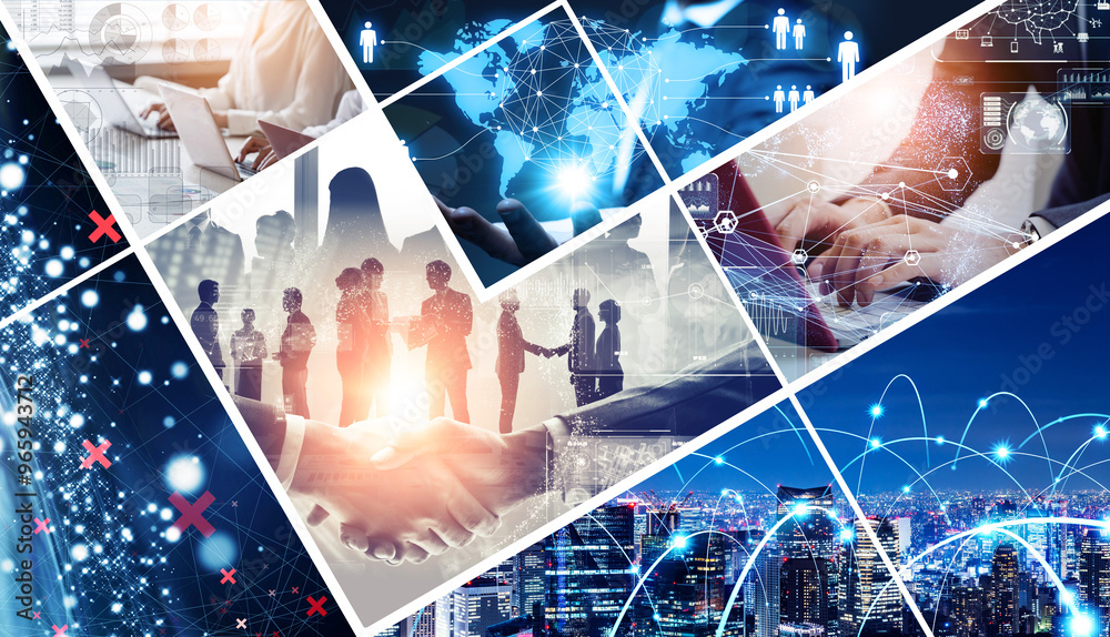 Poster collage of various business and technology concepts. wide angle visual for banners or advertisements
