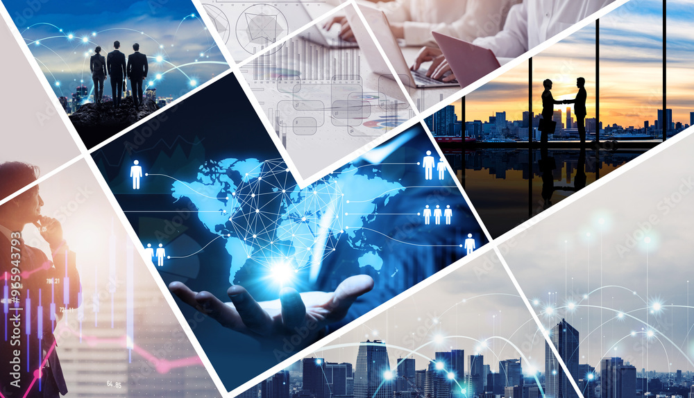 Aufkleber collage of various business and technology concepts. wide angle visual for banners or advertisements