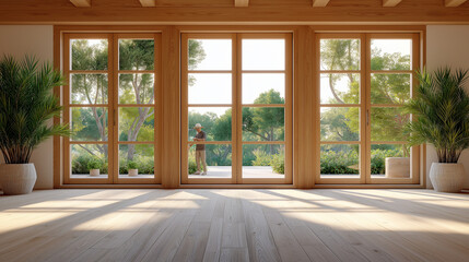 Fototapeta premium A partially built wooden house, the skeletal frame of the home visible, as a craftsman carefully checks the alignment and finish of the wooden planks, the scene illuminated by natu