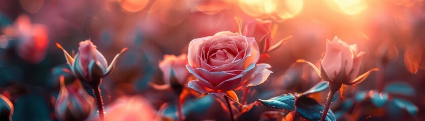 Rose garden with blooming flowers, vibrant and romantic, Botanical, Soft pinks, Photograph, Floral beauty