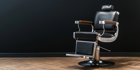 Old-fashioned barber chair with chrome accents and leather seat, placed on a wooden floor in a dark room, evoking nostalgia and timeless barbershop style