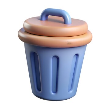 recommend clip art: Cute 3D render of a blue trash can with an orange lid and handle.