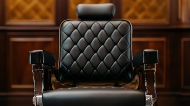 Old-school barbershop with a luxurious leather chair, warm wood interiors, and a timeless atmosphere, perfect for showcasing traditional grooming services