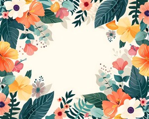 Vibrant Floral Wreath Frame with Blooming Flowers and Lush Greenery on Pastel Background for Spring Themed Designs