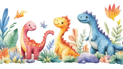 Colorful dinosaurs play among vibrant plants in a whimsical nature illustration