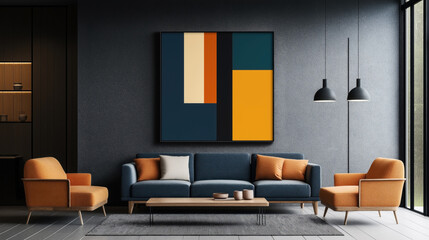Modern living room with contemporary furniture, including an orange armchair, a blue sofa, and a wooden coffee table. Features abstract wall art and pendant lighting.
