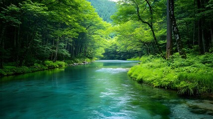 Fototapeta premium Lush Green Forest with Flowing Turquoise River Cutting Through Scenic Wilderness Landscape