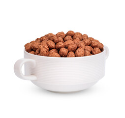 Cereal chocolate balls dry breakfast in white bowl isolated on white background