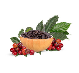 Coffee beans with leaves isolated on white background.