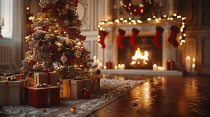 Elegantly decorated Christmas tree with lights, stockings hanging from fireplace, rocking chair, and warm firelight casting shadows on stone walls.