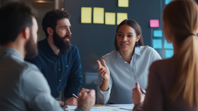Agile professionals from various genders conducting a daily stand-up meeting to discuss tasks and goals