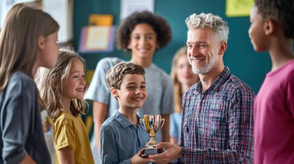 Student receiving a trophy or award from a teacher or principal, with an admiring gaze from peers and family