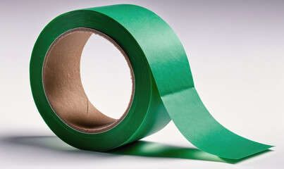 A roll of green tape sits on a white surface