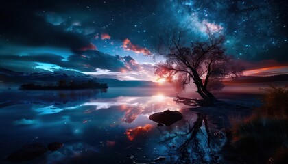 Starry night sky over a quiet landscape, expansive and serene, Nature, Cool tones, Photograph, Celestial wonder