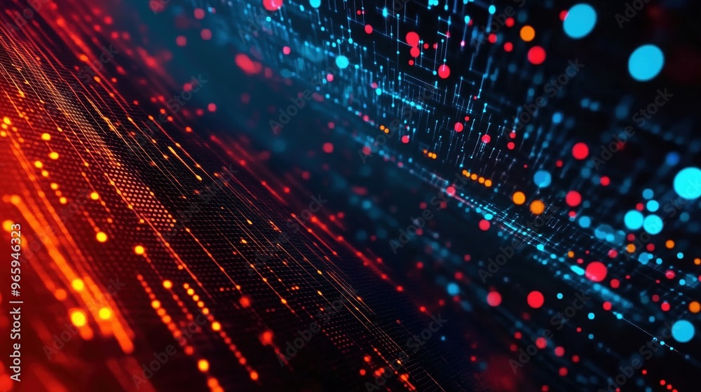 Leinwandbilder An abstract digital background featuring glowing dots and interconnected lines in vibrant blue, red, and orange colors. This composition represents the concept of big data technology and visualizes th