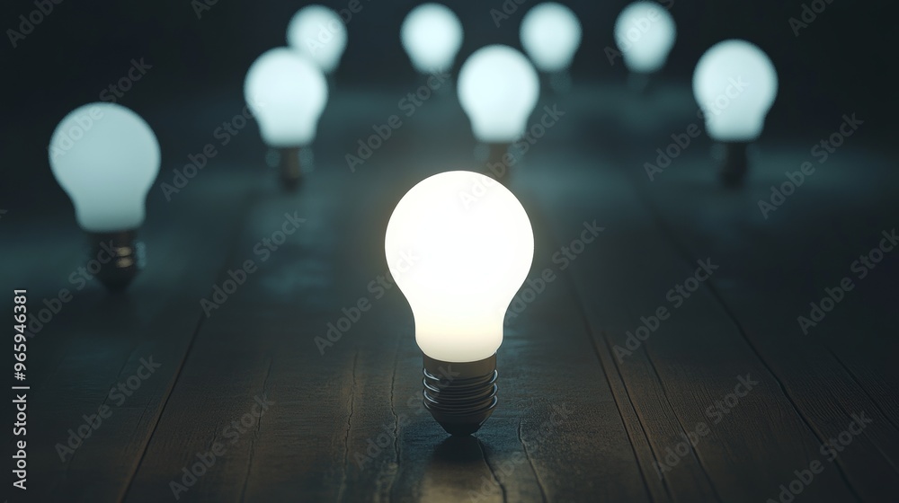 Poster One glowing light bulb standing out from group on dark background