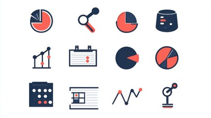 Fototapeta premium Duo-tone design featuring a set of data analysis icons, including search,