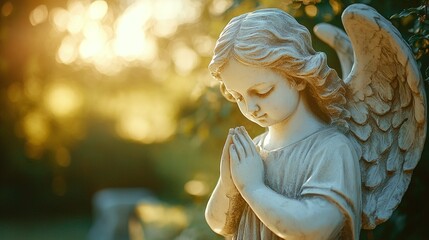 mourning angel statue in sunlit garden creating a peaceful symbol of remembrance with bokeh background perfect for memorial and reflection