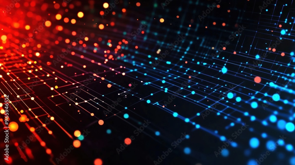 Poster an abstract digital background featuring glowing dots and interconnected lines in vibrant blue, red,