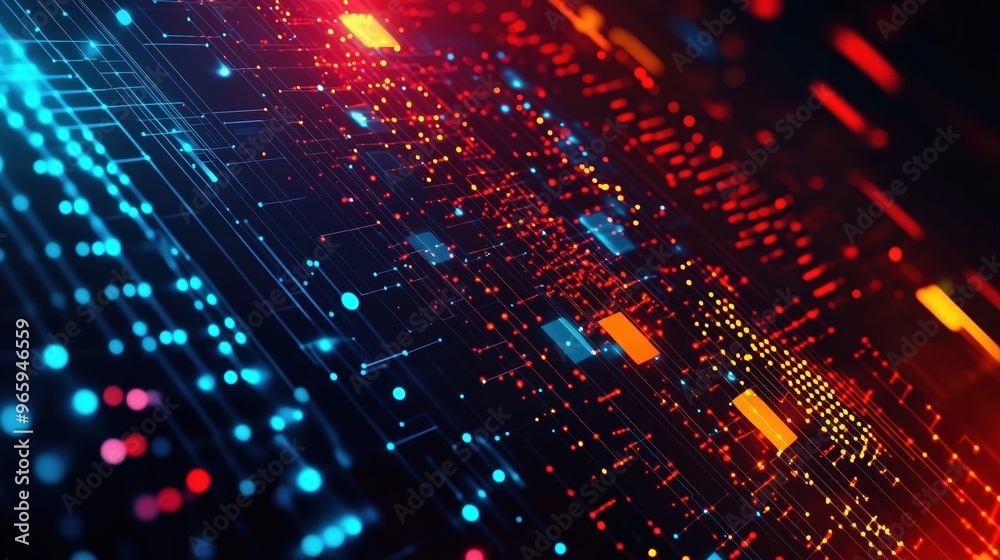 Poster An abstract digital background featuring glowing dots and interconnected lines in vibrant blue, red, and orange colors. This composition represents the concept of big data technology and visualizes th