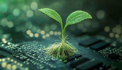 A fresh sprout rises from a computer chip, symbolizing the fusion of nature and innovation in technology sustainability.