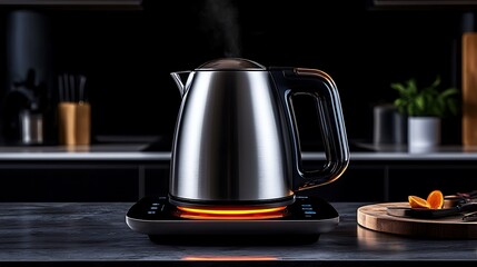 A modern stainless steel electric kettle emits steam on a sleek countertop.