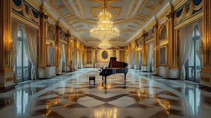 A stunning ballroom adorned with lavish decor, including elaborate tapestries, golden moldings, and a grand piano.