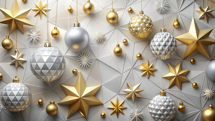 Fototapeta premium Stylish Christmas ornaments and geometric stars on a modern white background