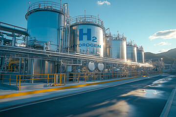 Hydrogen renewable energy production - hydrogen gas for clean electricity solar and windturbine facility. 3d rendering.