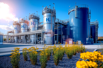 Hydrogen renewable energy production - hydrogen gas for clean electricity solar and windturbine facility. 3d rendering.