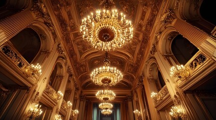 Obraz premium A breathtaking photo of a grand hall featuring opulent chandeliers hanging from a high, ornate ceiling.