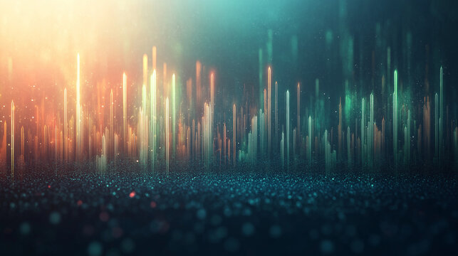 A colorful cityscape with tall buildings and a blue sky