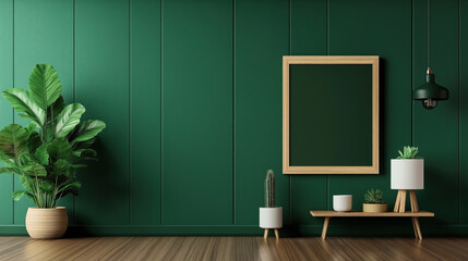 Modern interior with green wall adorned with wooden frame, potted plants, a small wooden bench, and a pendant lamp. Minimalist design with earthy elements.