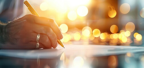 A close-up of a hand writing with a pencil against a glowing background, capturing creativity and inspiration in the moment.