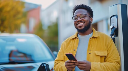Smiling man using smartphone while charging electric vehicle at public charging station in sunny urban setting