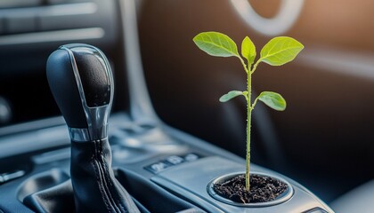 A young plant emerges from a car's gear shift, symbolizing nature's resilience and the potential for technology sustainability in urban environments.