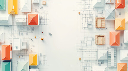 A drawing of a cityscape with many different colored houses