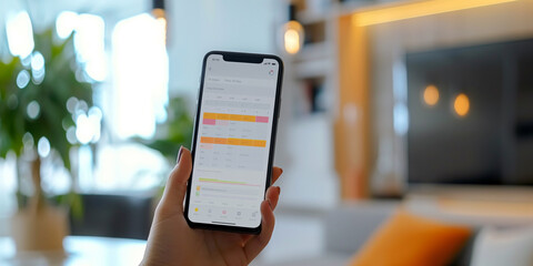A hand holding a smartphone with a time management app open, showcasing a well-organized schedule and to-do list on blurred office background.
