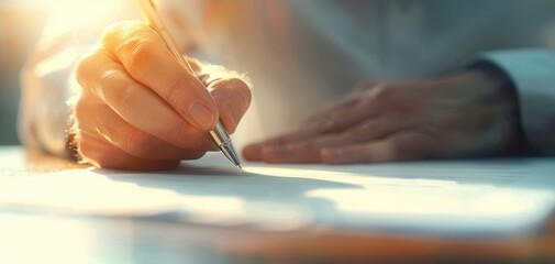 Obraz premium Close-up of a hand writing on paper with a pen, symbolizing creativity and business, illuminated by natural light.