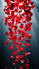 Red rose petals falling down gently on dark background