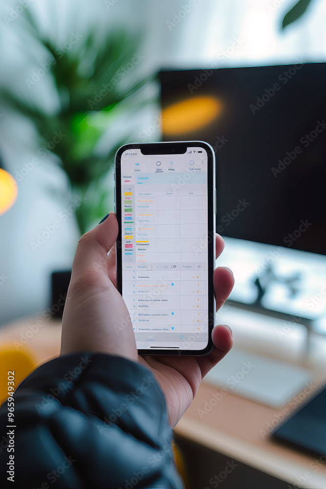 Canvas Prints a hand holding a smartphone with a time management app open on blurred office background.
