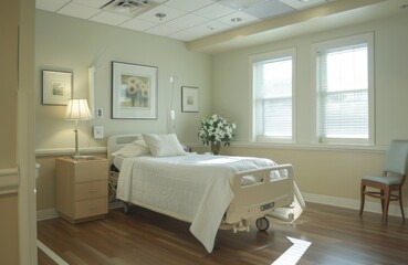 Fototapeta premium Modern Hospital Room with Single Bed, Art, and Comfortable Seating
