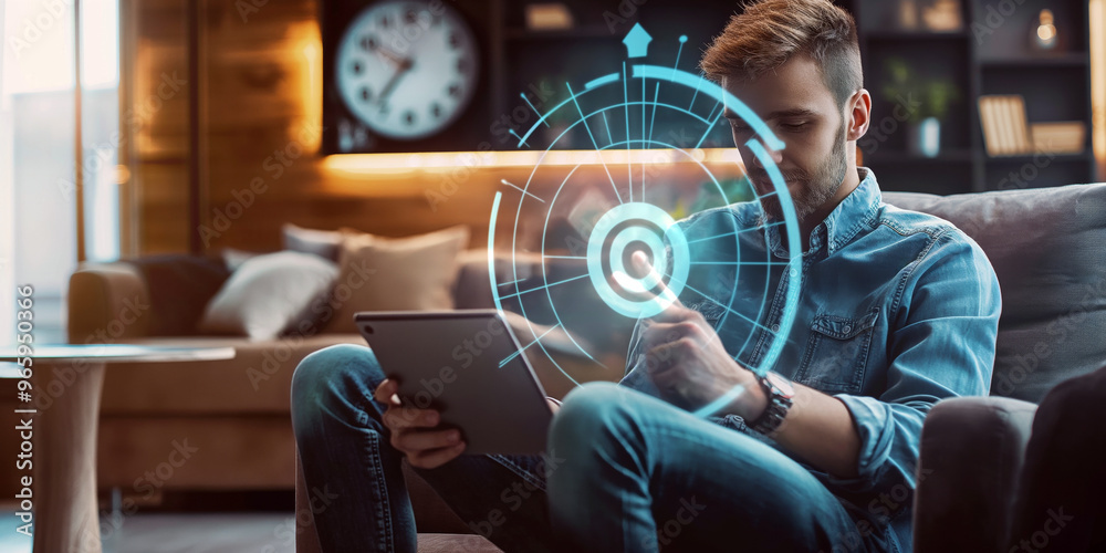 Wall mural a young professional using a tablet with a project management app, seated in a co-working space with