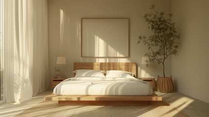 A serene bedroom featuring wooden bed frame, soft bedding, and natural light streaming through large windows. minimalist decor includes plant and cozy atmosphere.