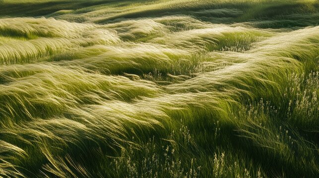 A dynamic wind effect blowing through a field of tall grass, bending the grass in synchronized waves of movement.