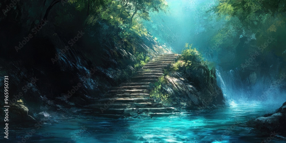 Wall mural Stone Steps Leading to Light Through a Lush Forest