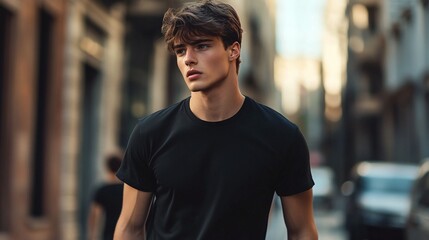 Fototapeta premium male model in black cotton t-shirt on city street featuring casual fashion style and urban menswear trendy look for modern streetwear outfit