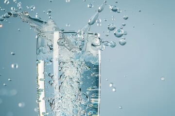 A refreshing splash of water in a glass, capturing the essence of hydration and vitality with a vibrant blue background.